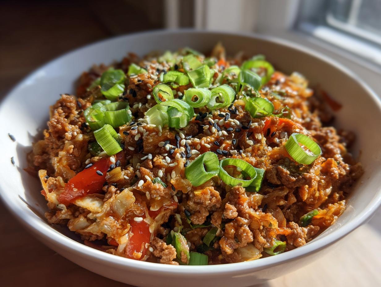 A close-up of a white bowl filled with savory egg roll in a bowl mixture, topped with green onions and sesame seeds.