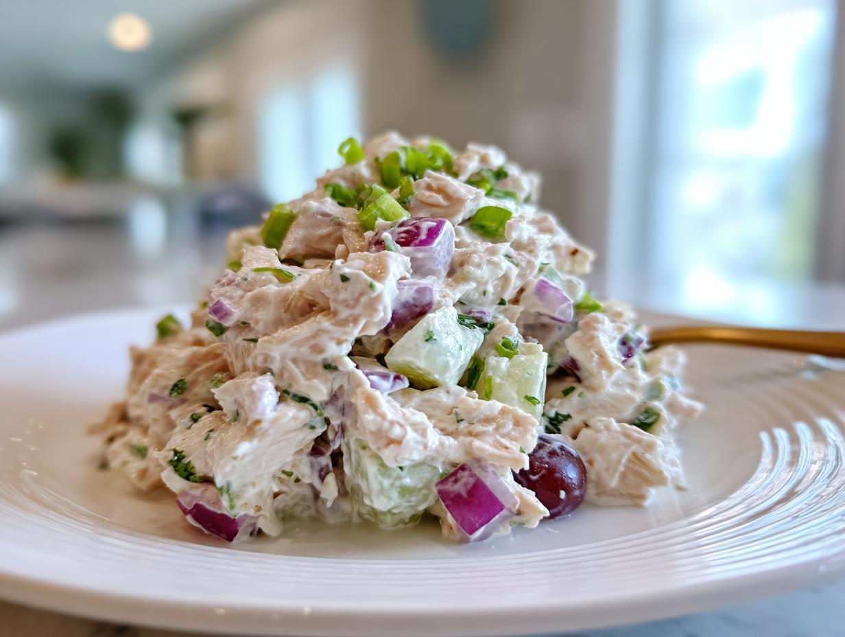 A close-up, featured image of a mound of creamy greek yogurt chicken salad mixed with red onion, celery, and grapes, topped with green onions.