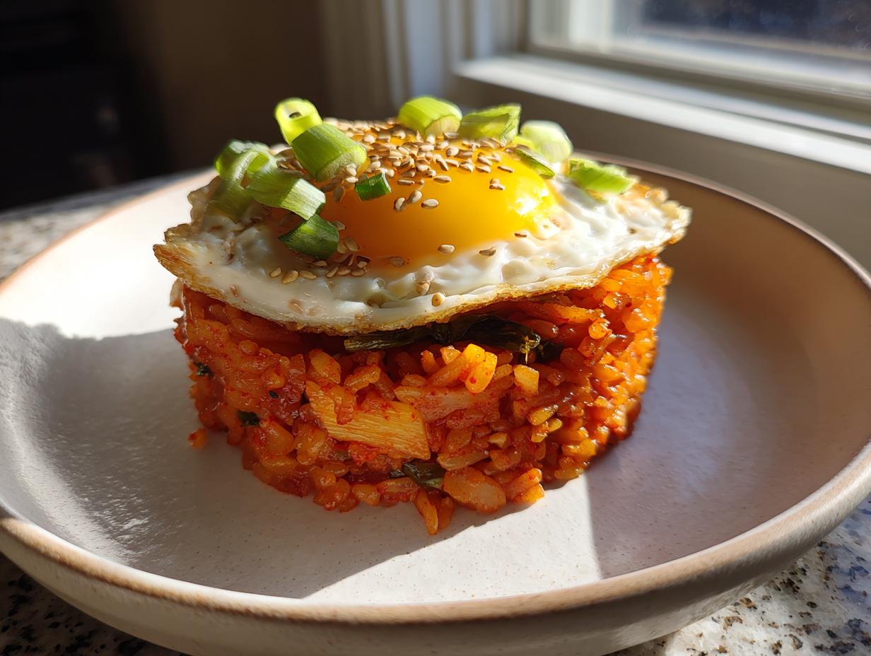 A molded serving of vibrant orange kimchi fried rice topped with a sunny-side-up egg, sesame seeds, and green onions.