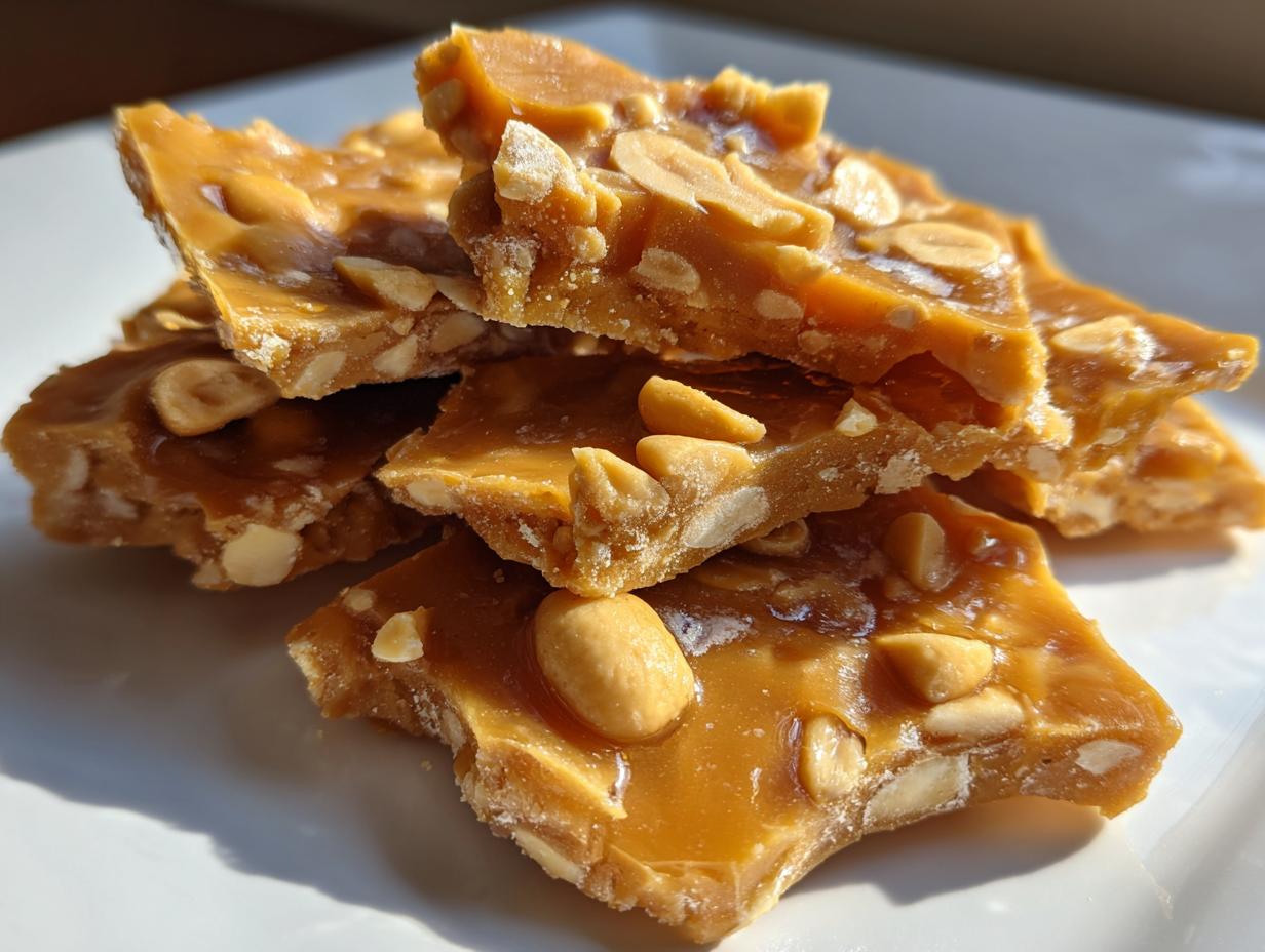 Close-up stack of broken, golden brown pieces of homemade peanut brittle recipe, showing whole and halved peanuts embedded in the candy.