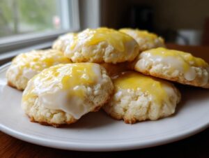 A stack of soft, cake-like ricotta cookies topped with a thick, sunny yellow and white lemon glaze.