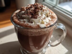 Close-up of a clear glass mug filled with rich whipped hot chocolate topped with whipped cream and dark chocolate shavings.