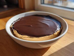 A round peanut butter dip topped with a thick layer of glossy chocolate ganache, served in a white bowl.