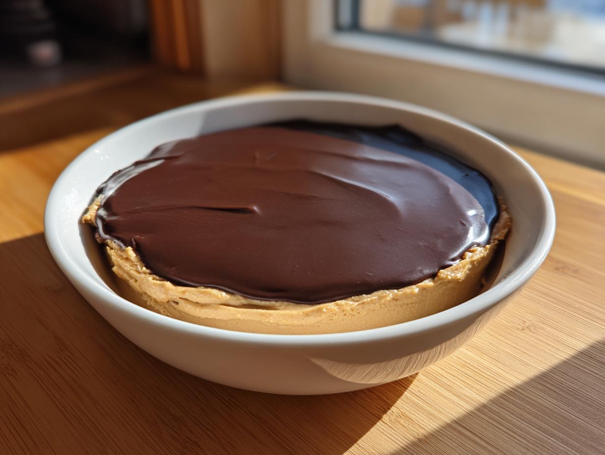 A round peanut butter dip topped with a thick layer of glossy chocolate ganache, served in a white bowl.