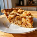A close-up of a thick slice of amazing apple pie showing flaky crust and caramelized apple filling.