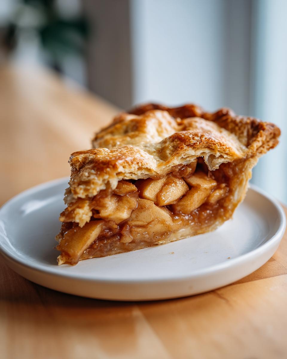 A close-up of a thick slice of amazing apple pie featuring a flaky, golden crust and rich, spiced apple filling.
