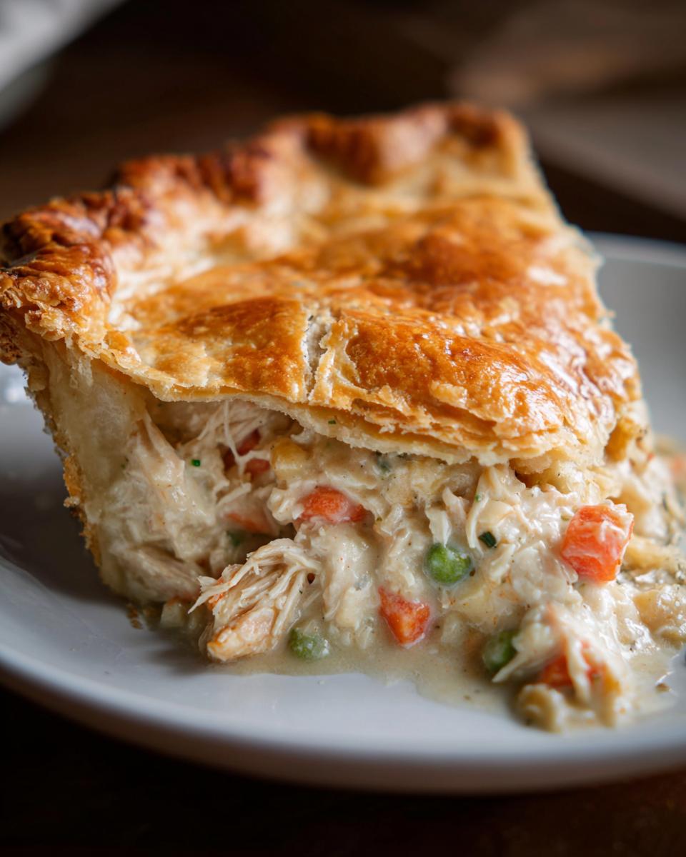 Close-up of a slice of turkey pot pie recipe showing flaky golden crust and creamy filling with shredded turkey, carrots, and peas.
