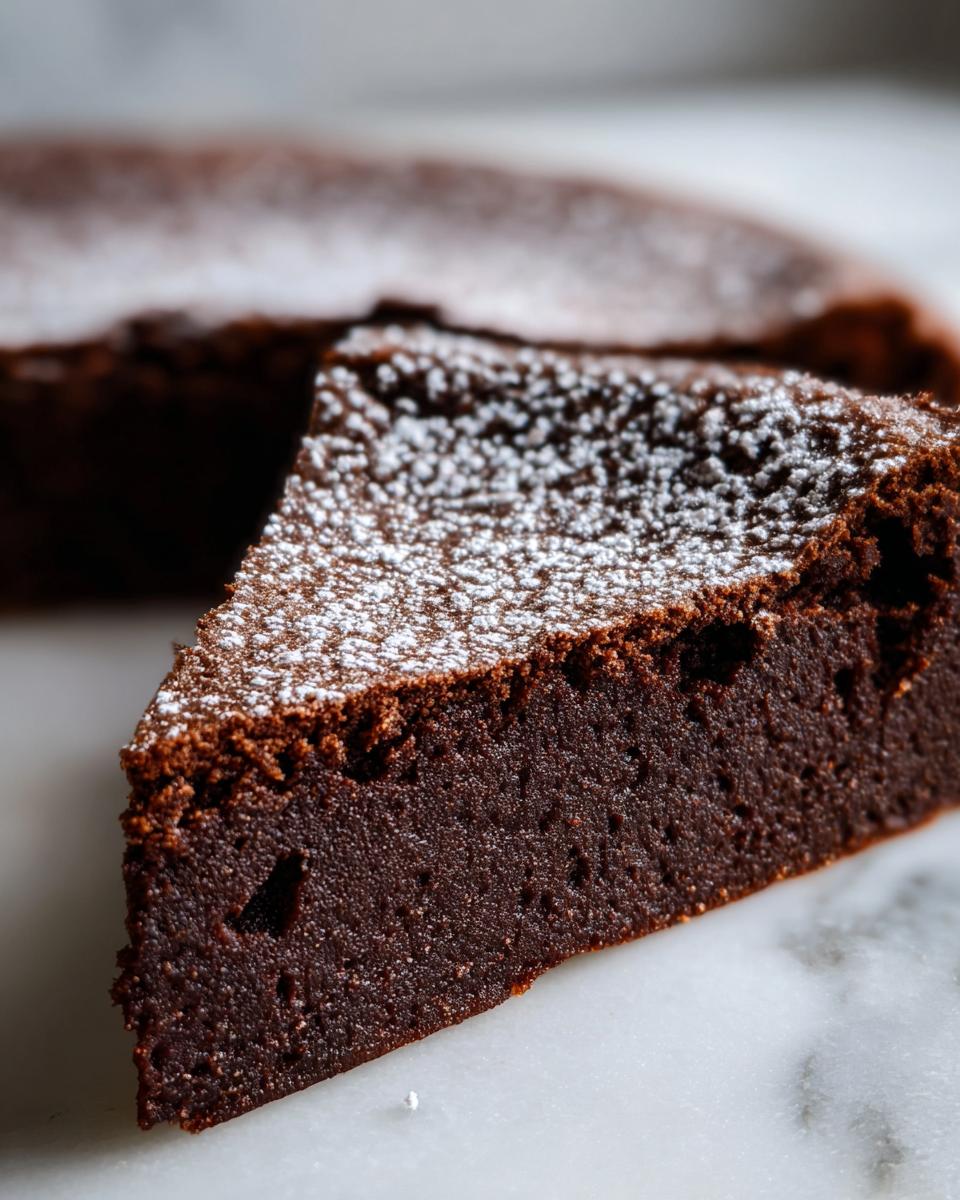 A close-up of a dense, rich slice of flourless chocolate torte dusted with powdered sugar.
