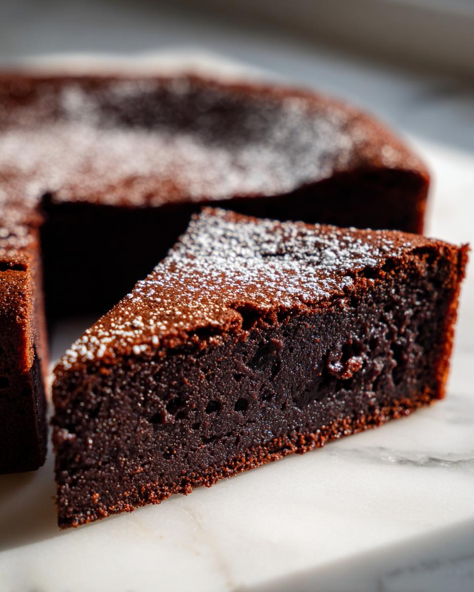 A close-up of a rich, dark slice of flourless chocolate torte dusted with powdered sugar, sitting next to the rest of the cake.