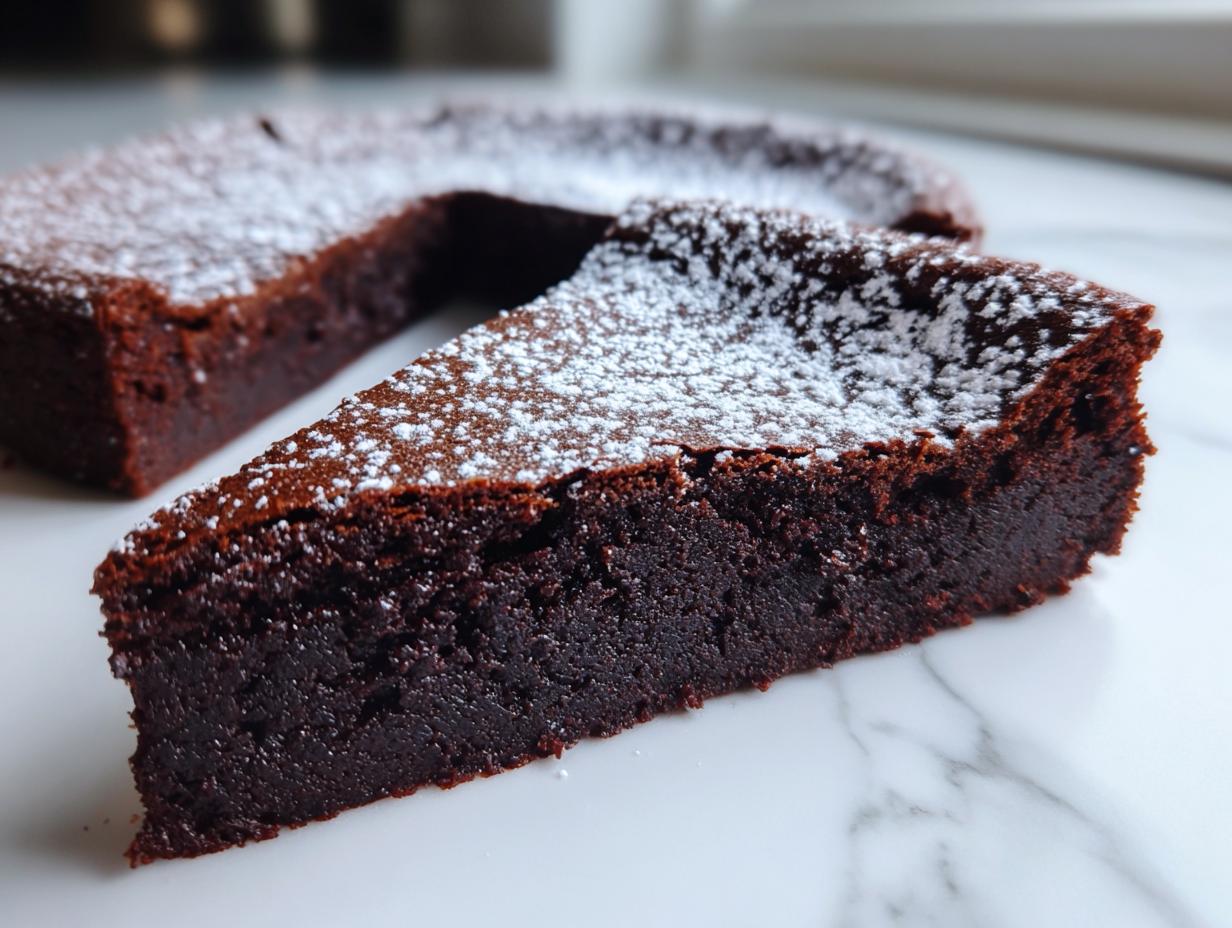 A close-up of a rich, dark slice of flourless chocolate torte dusted with powdered sugar, sitting on a white marble surface.