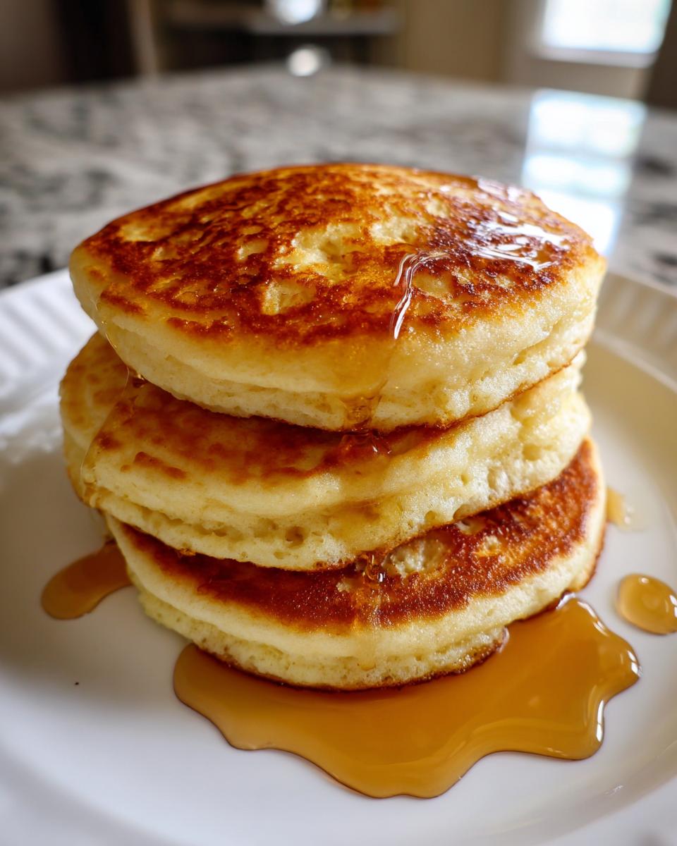 A close-up of a tall stack of three fluffy banana pancakes drizzled with golden syrup.