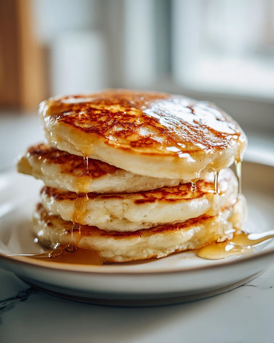 Close-up of a tall stack of fluffy banana pancakes being drizzled with golden syrup.