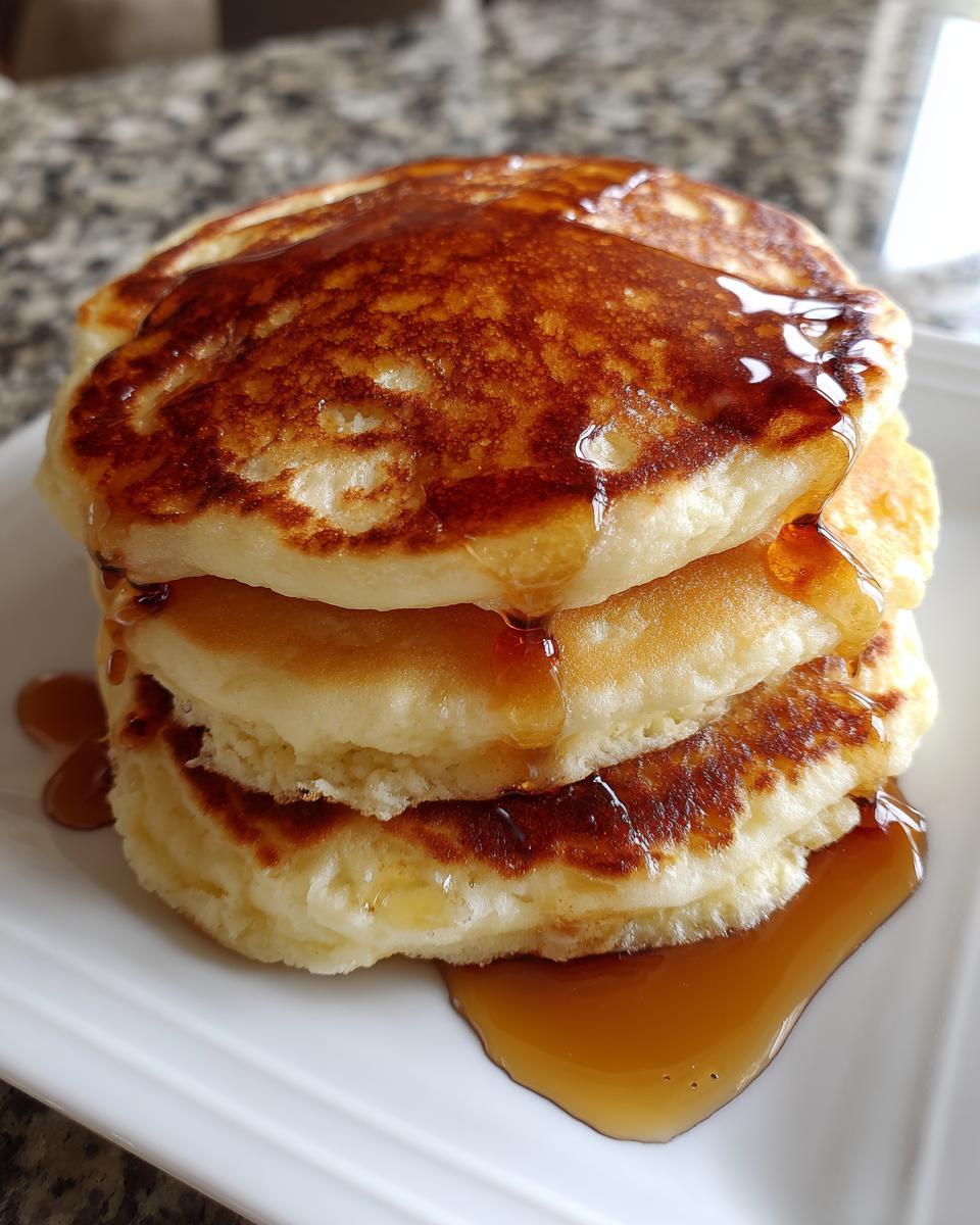 A close-up of three fluffy banana pancakes stacked high and generously drizzled with golden syrup.