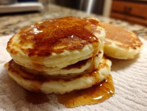 Close-up of a stack of three fluffy banana pancakes generously drizzled with golden syrup.