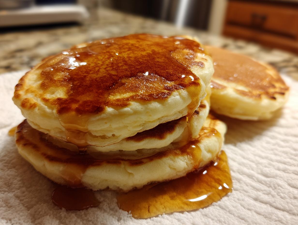 Close-up of a stack of three fluffy banana pancakes generously drizzled with golden syrup.