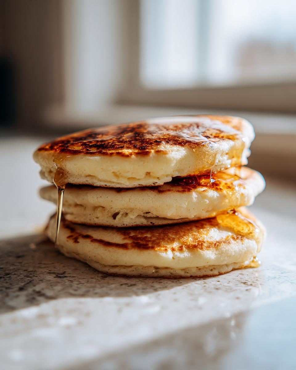 Close-up of a stack of three fluffy banana pancakes drizzled with golden syrup.