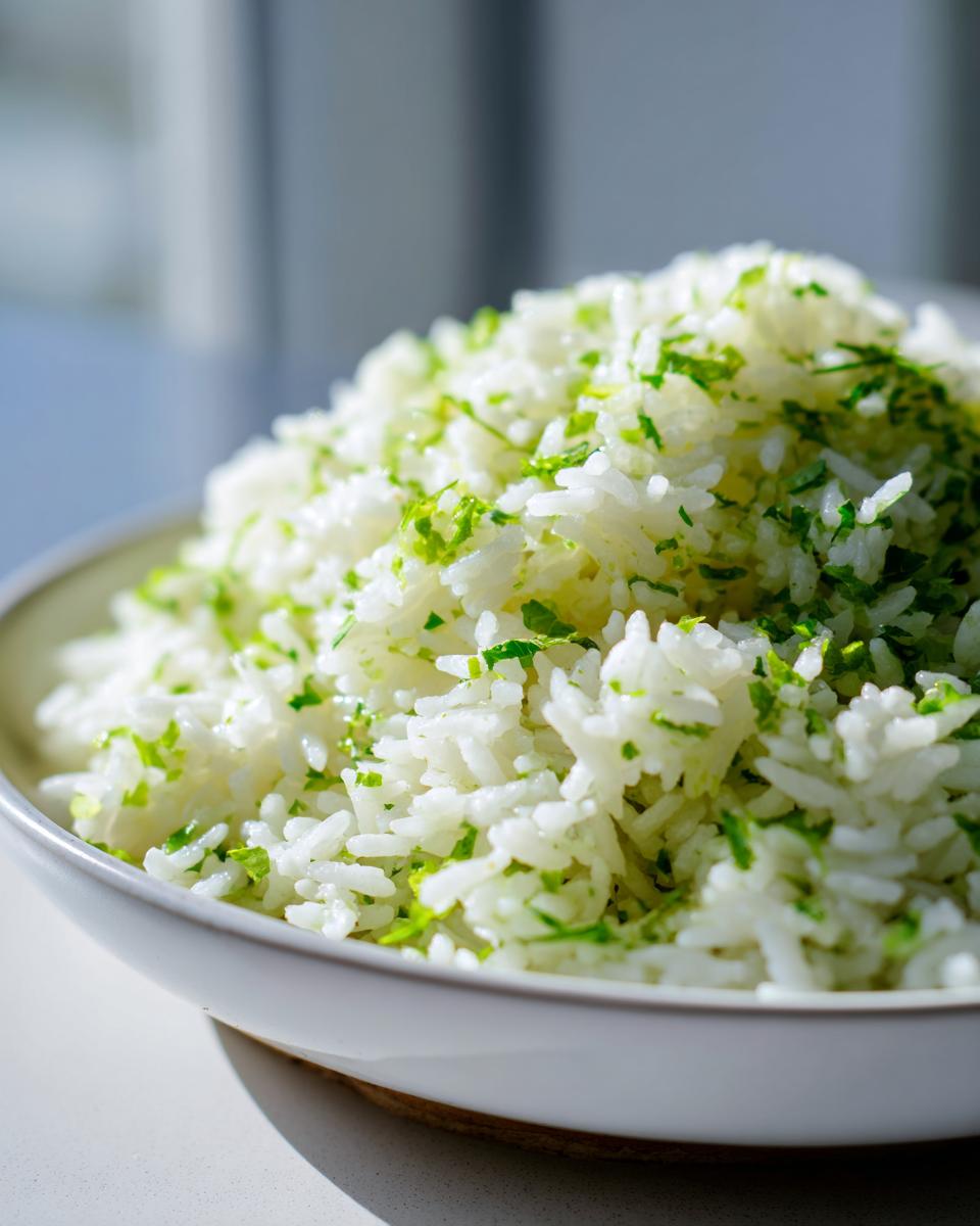 A close-up of fluffy white cilantro lime rice topped generously with bright green chopped cilantro and lime zest.