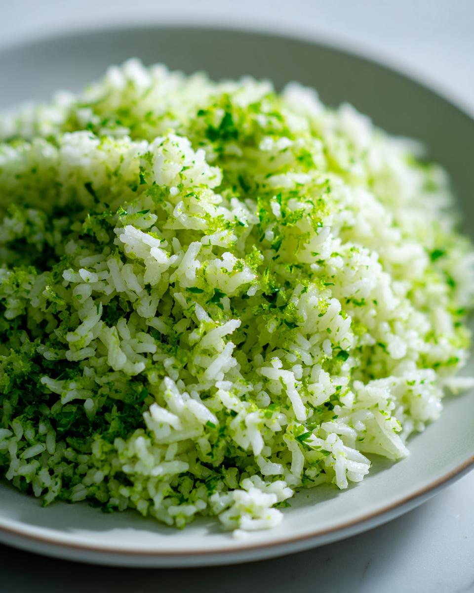Close-up of fluffy white rice generously mixed with bright green lime zest and cilantro for cilantro lime rice.