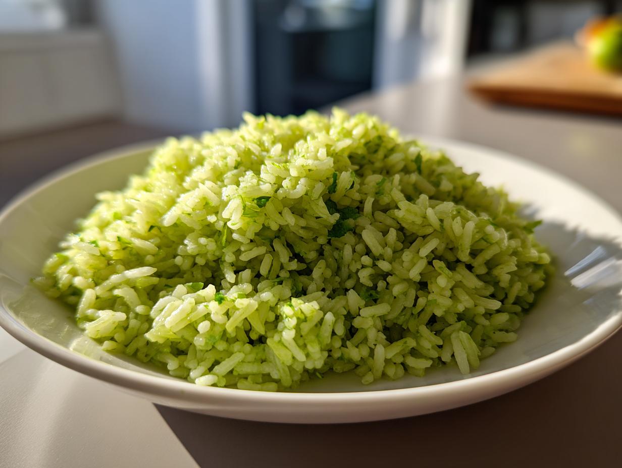 A close-up, bright image of fluffy cilantro lime rice piled high on a white plate, showing its vibrant green color.