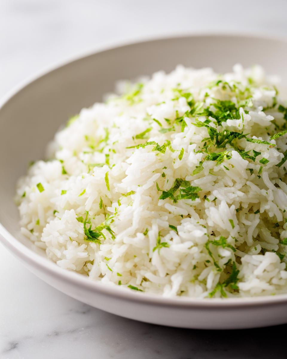 Close-up of fluffy cilantro lime rice topped with fresh green cilantro and lime zest in a white bowl.