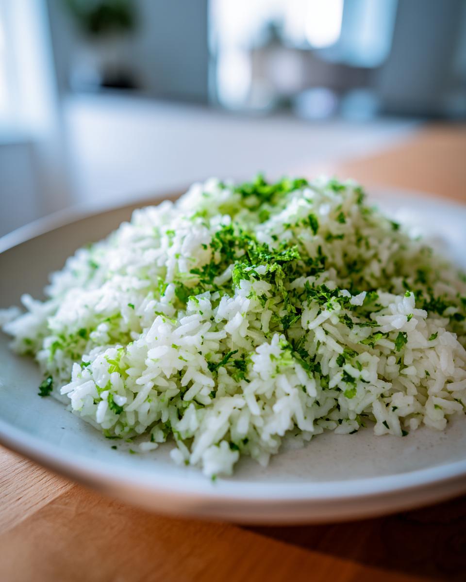 A mound of fluffy cilantro lime rice, bright white and speckled with green herbs, served on a light-colored plate.