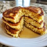 Close-up of a stack of fluffy coconut flour pancakes, cut open to show the texture, drizzled with syrup.