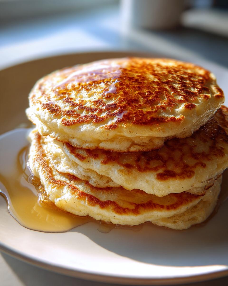 A close-up of a tall stack of fluffy coconut flour pancakes drizzled with golden syrup.