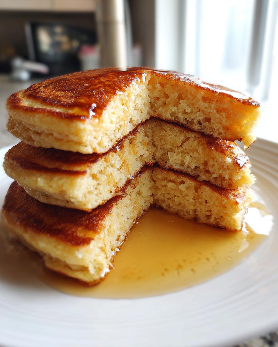 A stack of three fluffy coconut flour pancakes with a wedge cut out, drizzled generously with maple syrup.