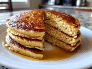 A stack of three fluffy coconut flour pancakes, cut to show the interior texture, drizzled with syrup.