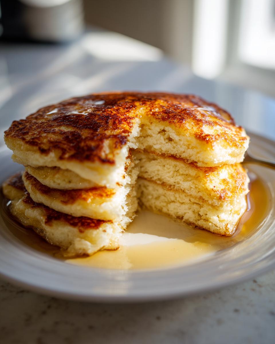 A fluffy stack of four coconut flour pancakes with a bite taken out, drizzled generously with maple syrup.