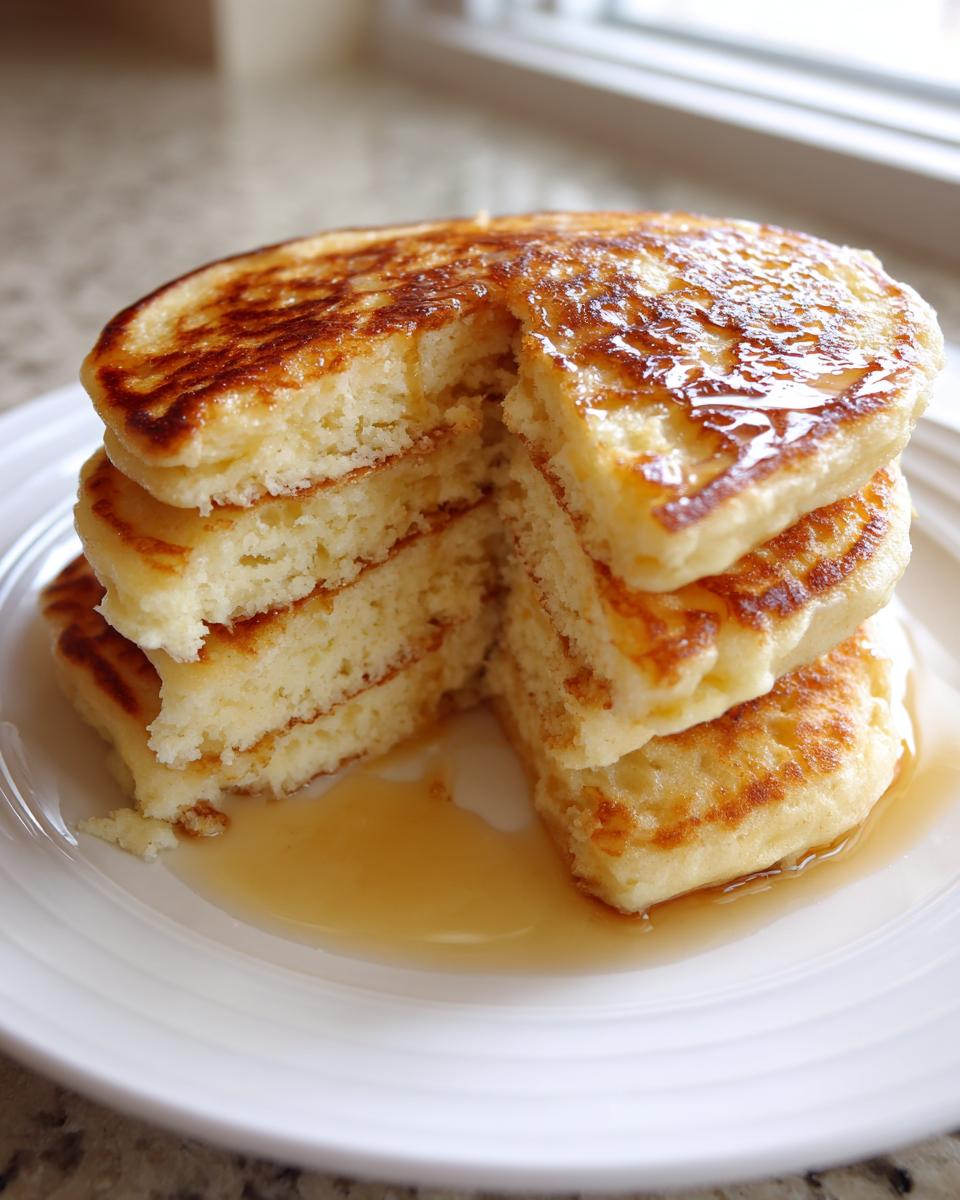 A tall stack of fluffy coconut flour pancakes with a slice cut out, drizzled with syrup on a white plate.