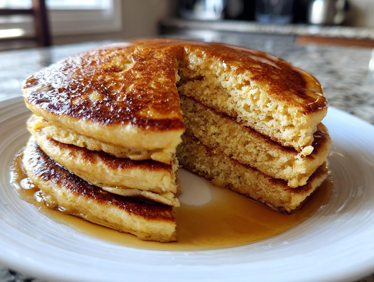 A stack of three fluffy coconut flour pancakes, cut to show the interior texture, drizzled with syrup.