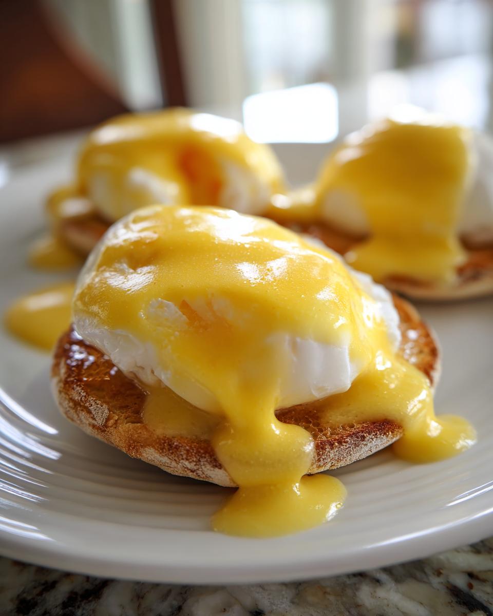 Close-up of Eggs Benedict smothered in rich, yellow hollandaise sauce poured over poached eggs and toasted English muffins.