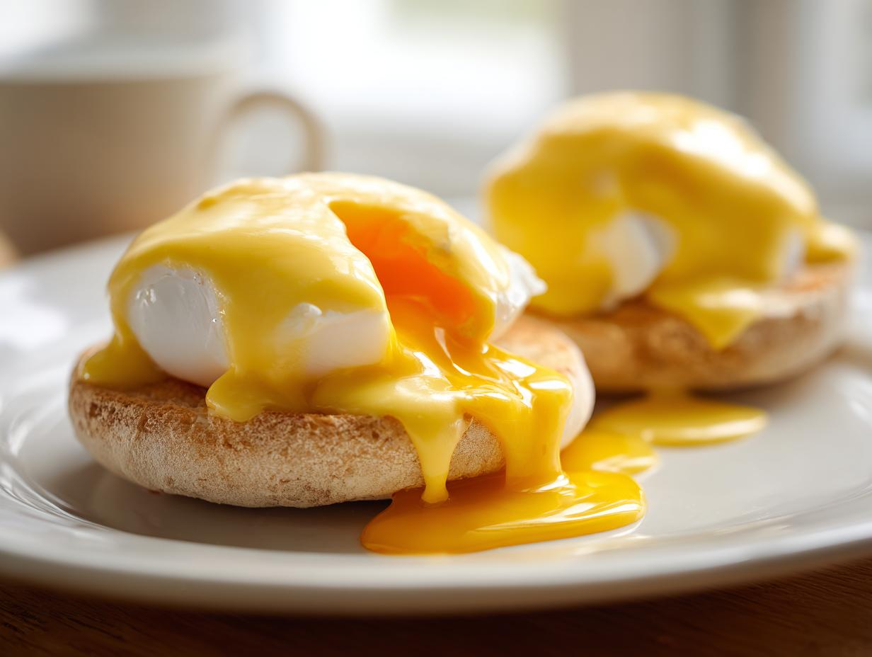 Close-up of Eggs Benedict smothered in bright yellow hollandaise sauce, with one yolk oozing out.