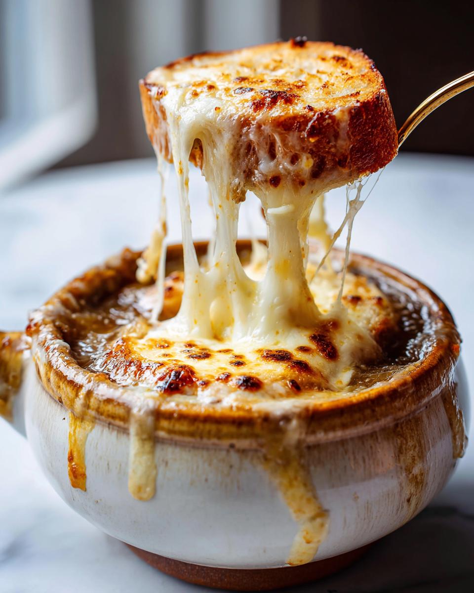 A spoonful of toasted bread covered in melted, stretchy cheese being lifted from a bowl of french onion soup recipe.