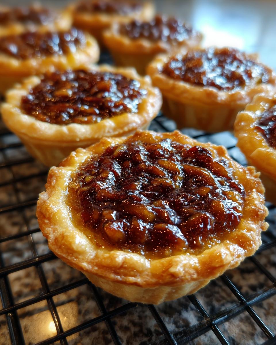 A close-up shot of several glossy, golden-brown mini pecan pies cooling on a black wire rack.