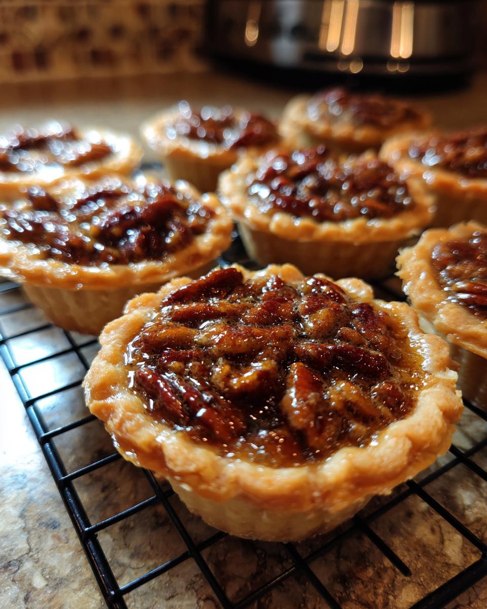 A close-up of several glossy, golden-brown mini pecan pies cooling on a black wire rack.