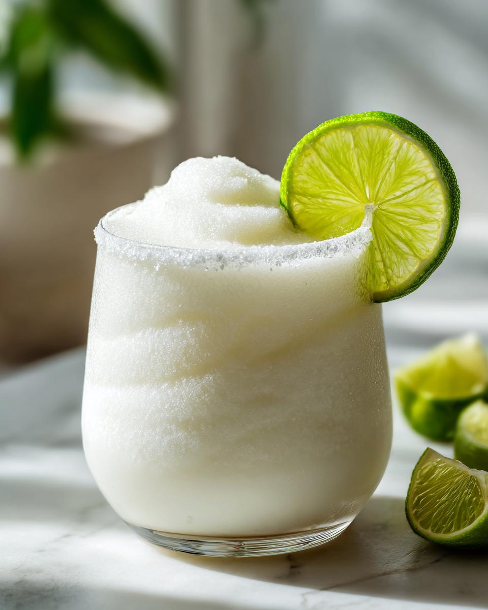 A frosty, blended white christmas margarita in a salt-rimmed glass, garnished with a bright lime wheel.