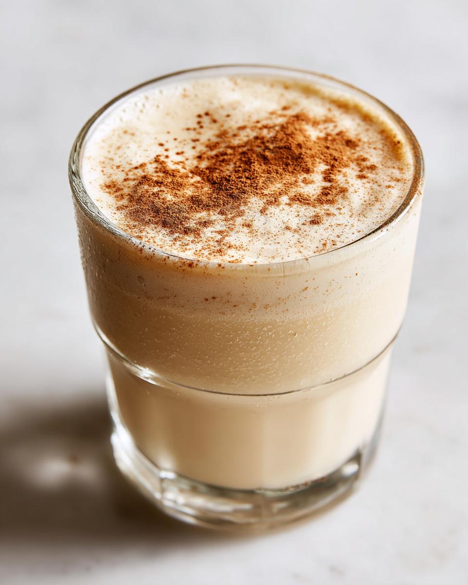A close-up of a glass filled with creamy, frothy coquito, dusted generously with ground cinnamon.