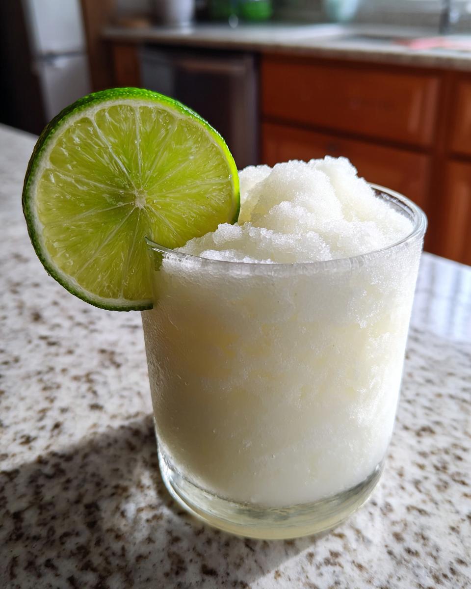 A frosty glass filled with a blended white christmas margarita, topped with shaved ice and garnished with a fresh lime wheel.