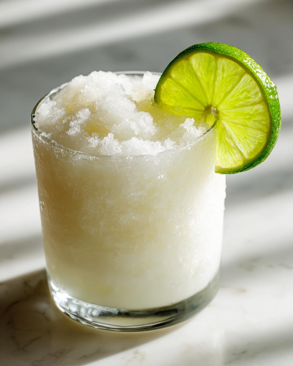 Close-up of a frosty white christmas margarita served in a rocks glass, topped with shaved ice and a bright lime wheel.