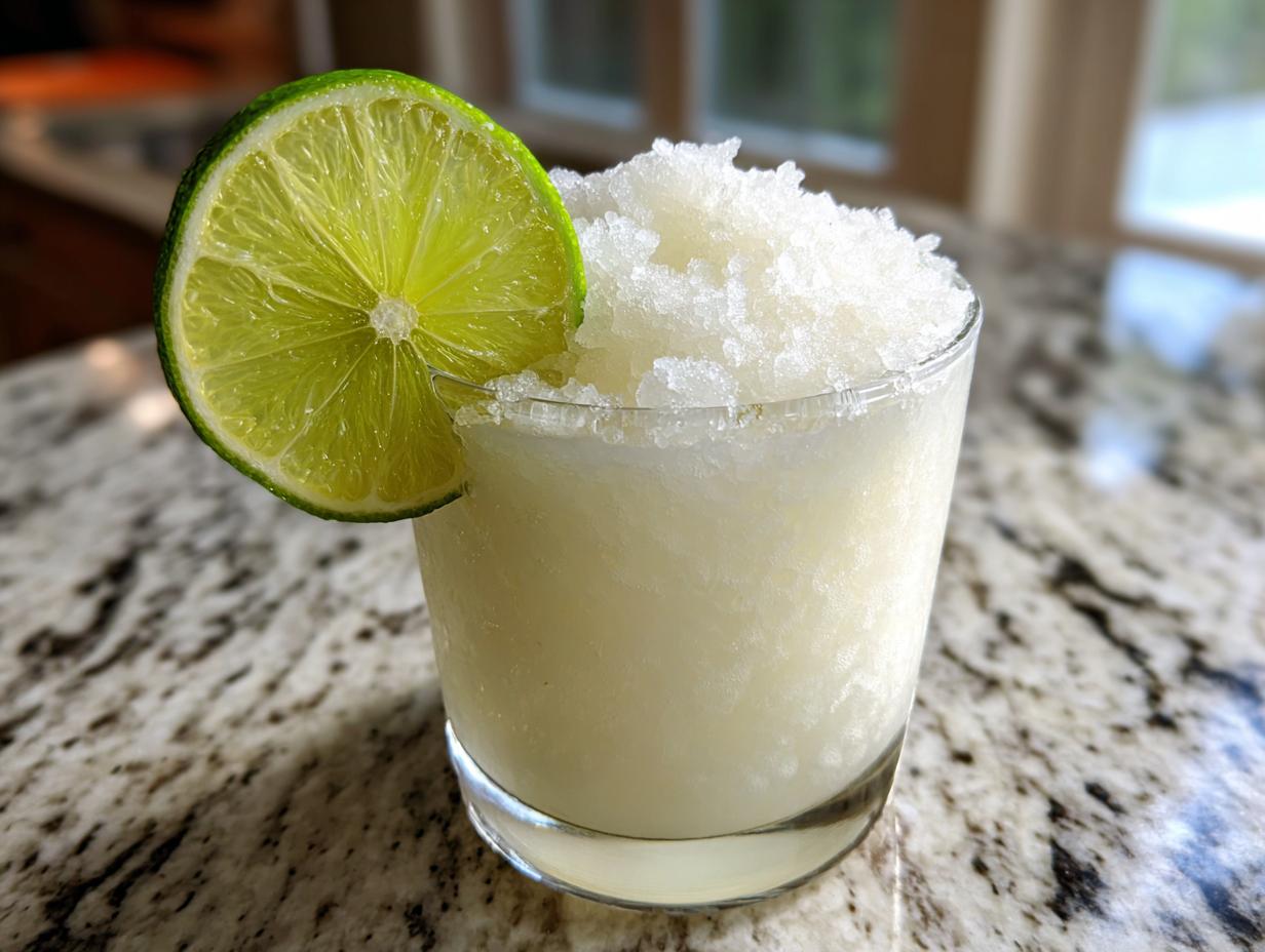 A frosty glass filled with a blended white christmas margarita, topped with crushed ice and garnished with a fresh lime wheel.