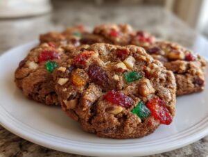 Close-up of several rich, brown fruitcake cookies loaded with colorful candied fruit and nuts, resting on a white plate.