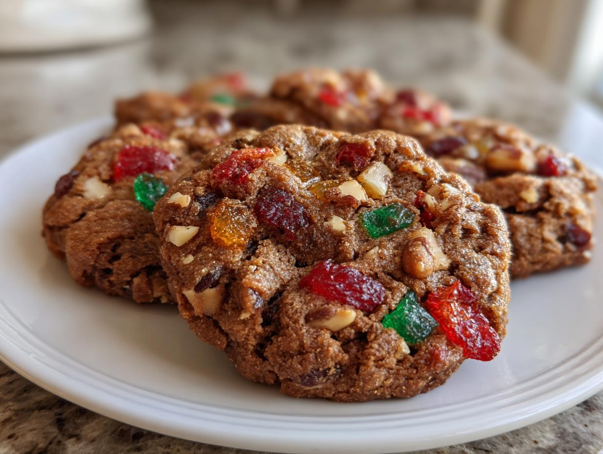 Close-up of several rich, brown fruitcake cookies loaded with colorful candied fruit and nuts, resting on a white plate.
