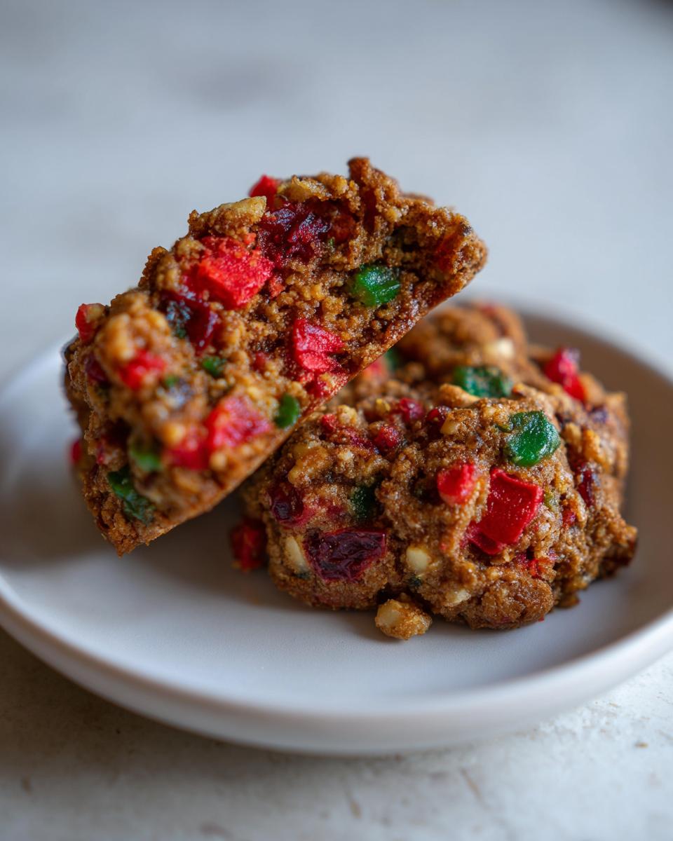 Close-up of fruitcake cookies, one broken in half showing the dense interior packed with red and green candied fruit.