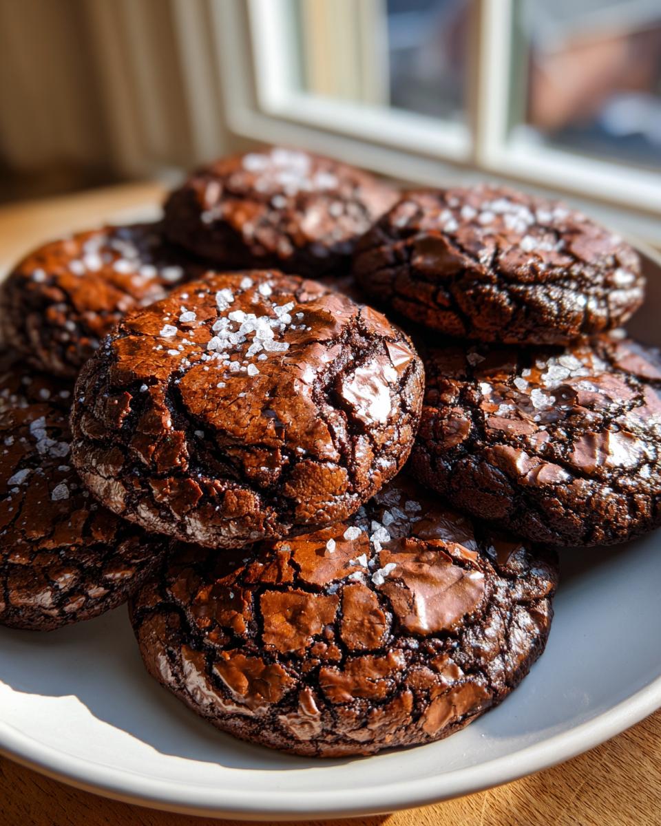 A stack of rich, dark, fudgy brownie cookies sprinkled with flaky sea salt, sitting on a white plate.