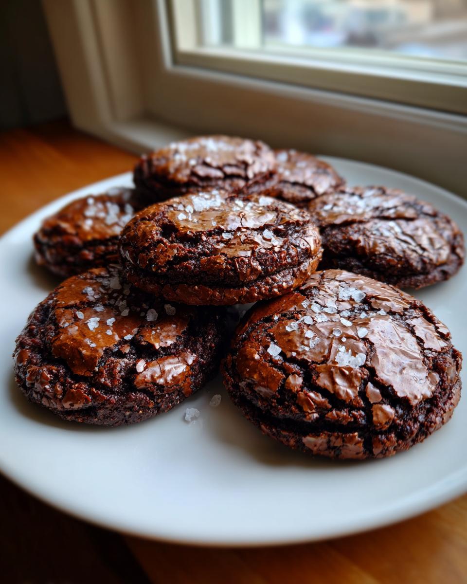A stack of fudgy brownie cookies with shiny, cracked tops sprinkled with flaky sea salt.