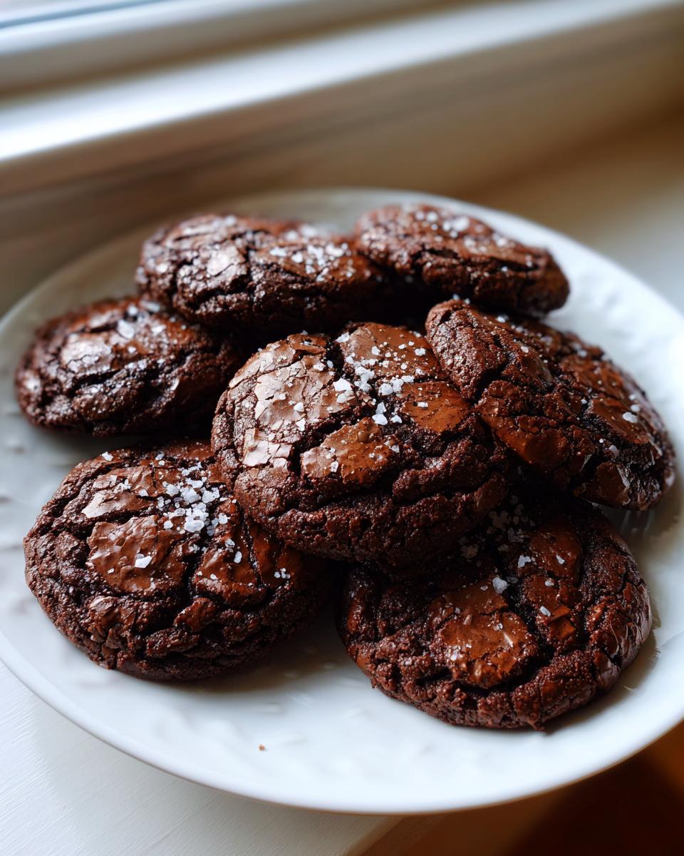 A pile of fudgy brownie cookies topped with flaky sea salt on a white plate.