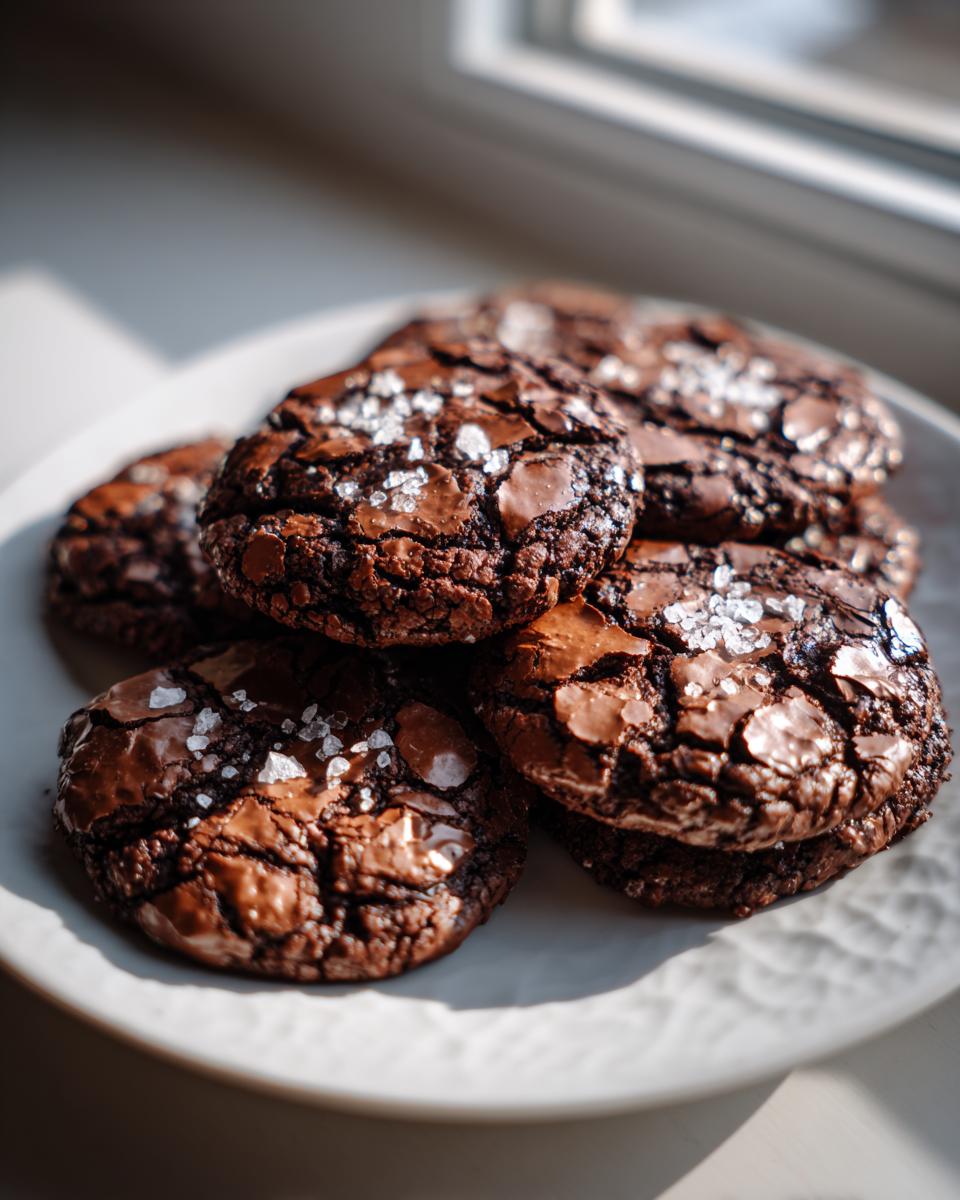 A stack of fudgy brownie cookies sprinkled with flaky sea salt, sitting on a light plate near a window.