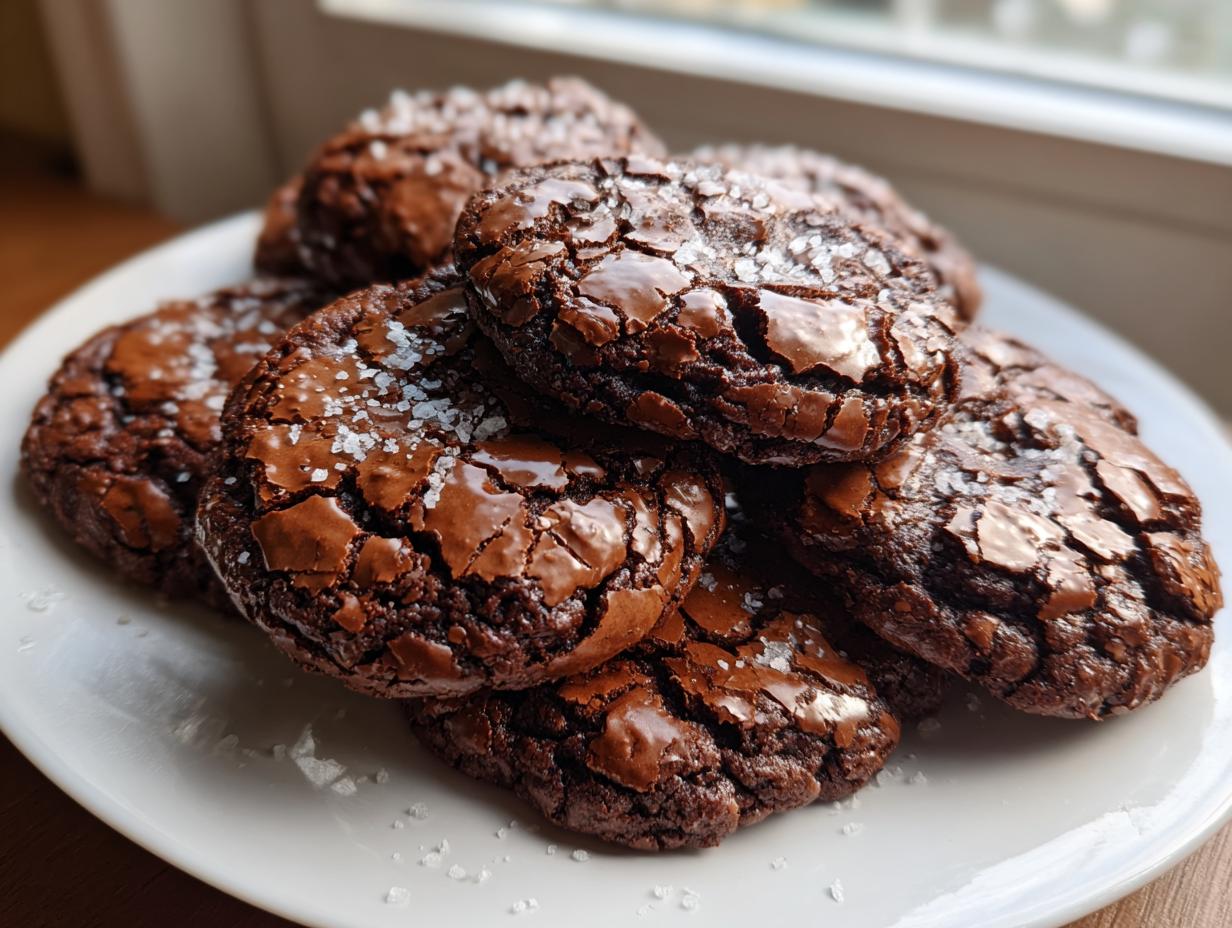 A stack of fudgy brownie cookies topped with flaky sea salt on a white plate.